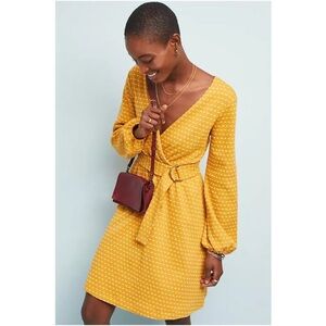 Anthropologie Maeve Malta Wrap Dress Size Medium Balloon Sleeve Belted Yellow M